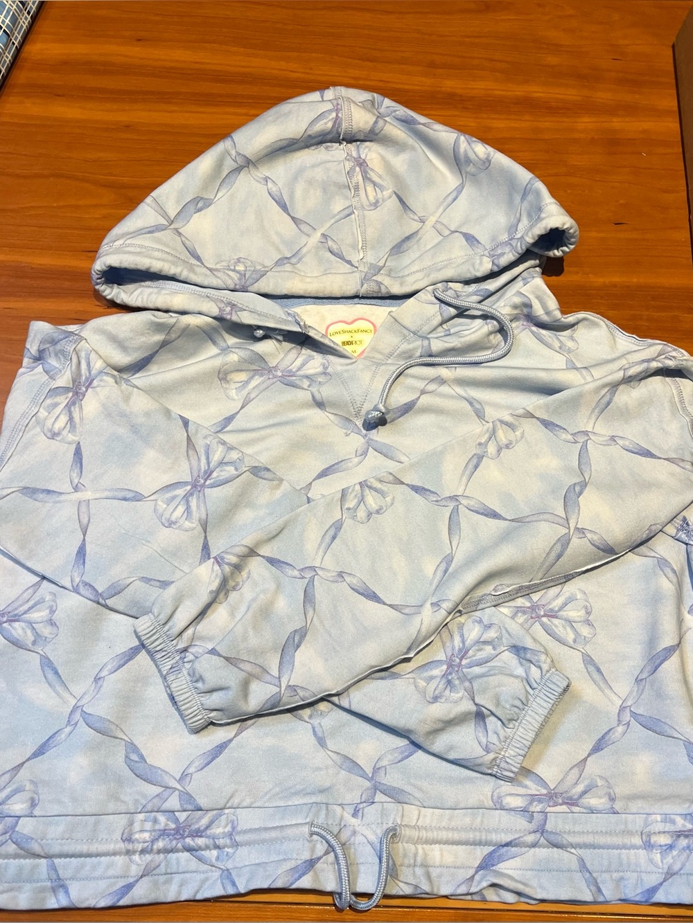 LoveShackFancy Light Blue Ribbon-Print Hooded Sweatshirt